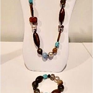 🤎 Pretty Turquoise & Brown Long Wood Bead Necklace Set.